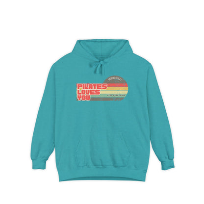 Pilates Loves You Hoodie — Vintage Retro Heart Fitness Pullover