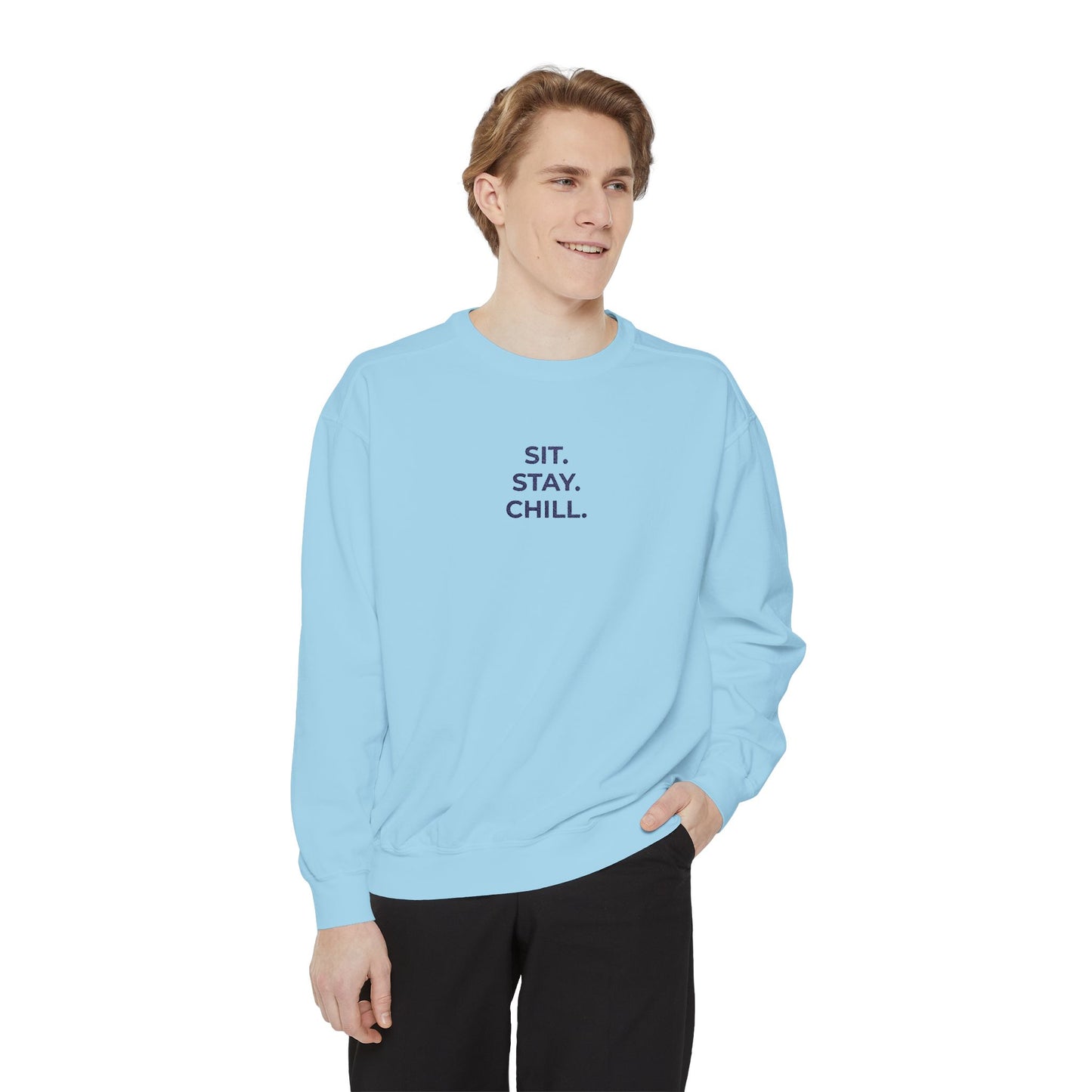 Sit. Stay. Chill. Sweatshirt — NAVY EMBROIDERED Crewneck