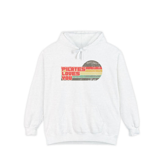Pilates Loves You Hoodie — Vintage Retro Heart Fitness Pullover