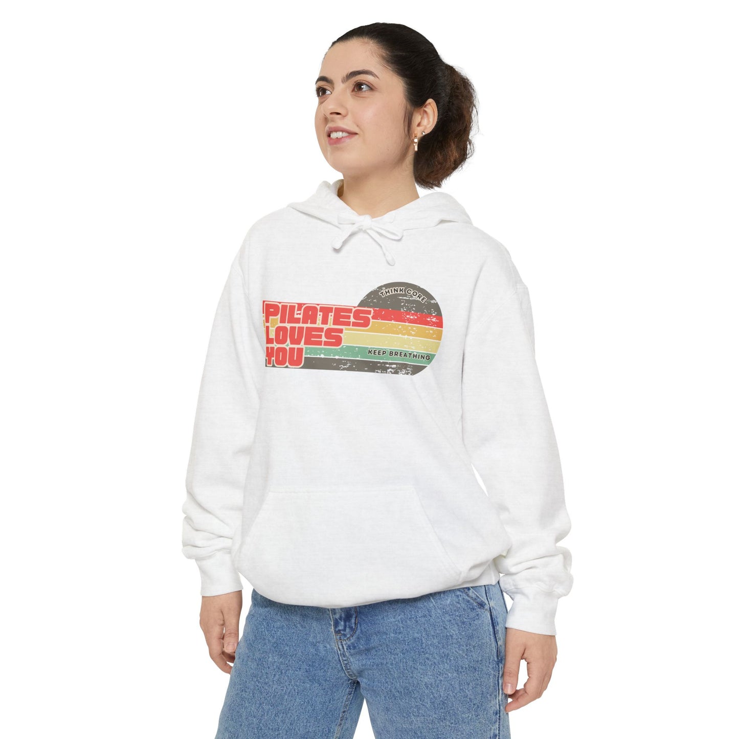 Pilates Loves You Hoodie — Vintage Retro Heart Fitness Pullover