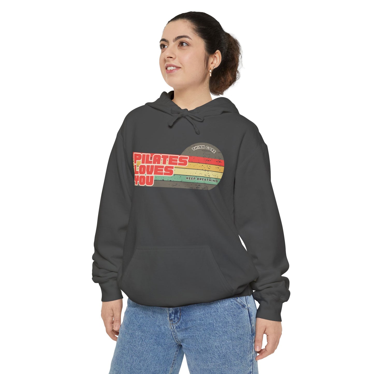 Pilates Loves You Hoodie — Vintage Retro Heart Fitness Pullover