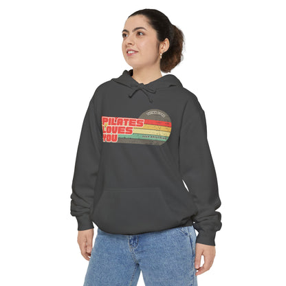 Pilates Loves You Hoodie — Vintage Retro Heart Fitness Pullover