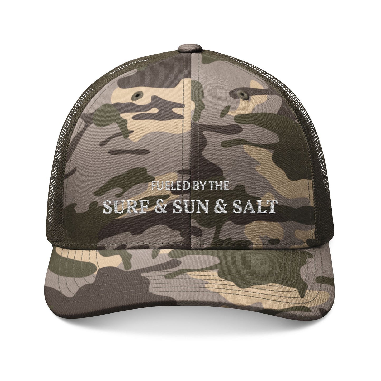 Camouflage Trucker Hat - Embroidered "Fueled by the Surf & Sun & Salt" Beach Cap