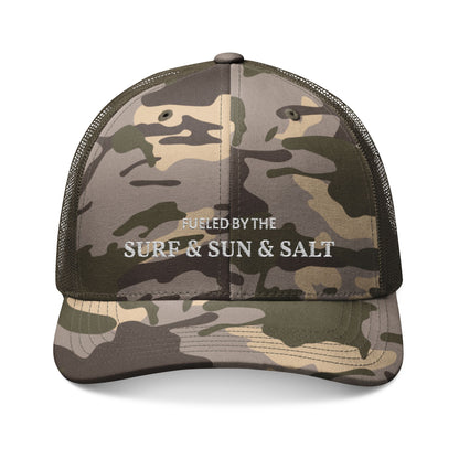 Camouflage Trucker Hat - Embroidered "Fueled by the Surf & Sun & Salt" Beach Cap