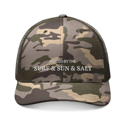 Camouflage Trucker Hat - Embroidered "Fueled by the Surf & Sun & Salt" Beach Cap