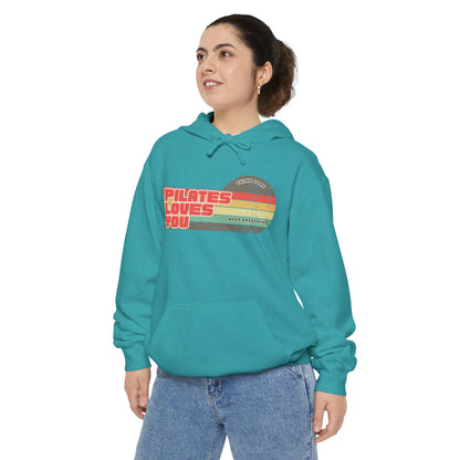 Pilates Loves You Hoodie — Vintage Retro Heart Fitness Pullover